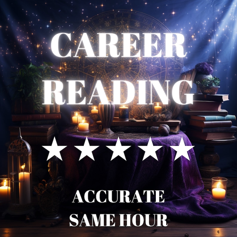 May include: A purple velvet tablecloth with five white stars and the text "CAREER READING" in white. The text "ACCURATE SAME HOUR" is also in white. The table is set with candles and books. Psychic Career Reading – Same Hour Guidance.
