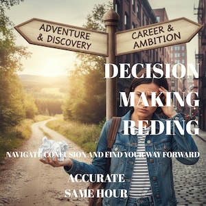 May include: A signpost with arrows pointing towards "Adventure & Discovery" and "Career & Ambition." A person holds crumpled paper, with text overlay: "Decision Making Reading." Additional text reads "Navigate Confusion and Find Your Way Forward. Accurate Same Hour."
