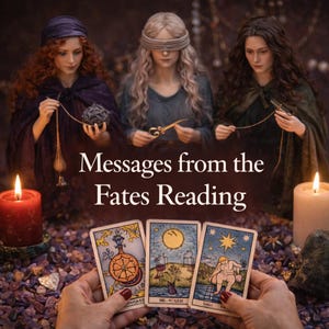 Peut inclure: Image avec le texte "Messages from the Fates Reading" présentant trois figures, chacune avec des outils du destin. Des cartes de tarot sont tenues au premier plan. Des bougies allumées et un lit de petites pierres créent une atmosphère mystique.
