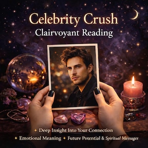 May include: An image with the text "Celebrity Crush Clairvoyant Reading". A photo of a man is held between two hands. A crystal ball, a lit candle, and gemstones are also visible. The image has a dark, celestial background with stars and a crescent moon.