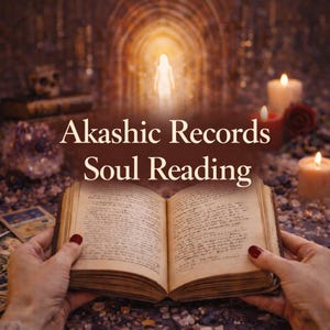 Könnte beinhalten: Ein offenes, gealtertes Buch mit handschriftlichem Text wird von Händen mit rotem Nagellack gehalten. Das Bild zeigt den Text "Akashic Records Soul Reading" mit Kerzen, Kristallen und einer verschwommenen spirituellen Figur im Hintergrund.