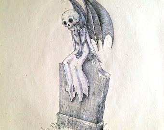 Original drawing "SKELETON ON TOMBSTONE"