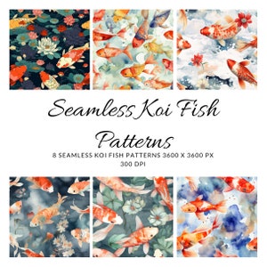 Könnte beinhalten: Acht nahtlose Muster mit Koi-Fischen in verschiedenen Aquarell-Stilen. Die Muster beinhalten Koi-Fische, die im Wasser mit Blumen, Seerosen und Blasen schwimmen. Die Muster sind 3600 x 3600 Pixel groß und haben eine Auflösung von 300 DPI.