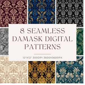 May include: Eight seamless damask digital patterns in various colors, including gold, blue, black, white, and green. The patterns are 12 inches by 12 inches and 300 DPI, with a resolution of 3600x3600 pixels.