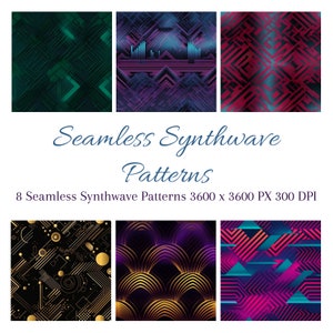 May include: Eight seamless synthwave patterns in a variety of colours and designs. The patterns are 3600 x 3600 pixels and 300 DPI.