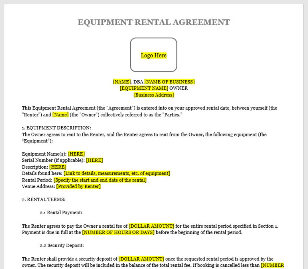 Equipment Rental Agreement TEMPLATE - Leasing, Documents, Gear, Assets ...