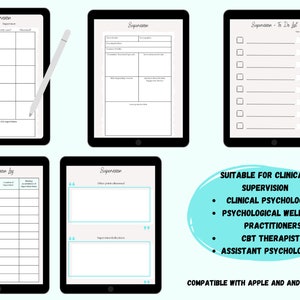 Puede incluir: Cinco plantillas de planificador digital para sesiones de supervisión. Las plantillas incluyen un registro de supervisión, una lista de tareas pendientes y tres páginas diferentes de notas de sesión de supervisión. Las plantillas son adecuadas para psicólogos clínicos, profesionales del bienestar psicológico, terapeutas cognitivo-conductuales y psicólogos asistentes. Las plantillas son compatibles con dispositivos Apple y Android.