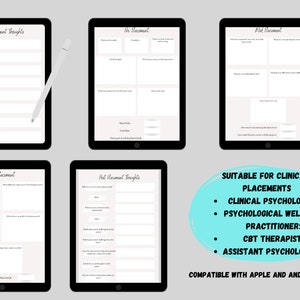 Puede incluir: Un conjunto de páginas de planificador digital imprimibles para colocaciones clínicas. Las páginas están diseñadas para su uso en dispositivos Apple y Android. Las páginas incluyen secciones para pensamientos previos a la colocación, pensamientos posteriores a la colocación y una reflexión sobre la colocación.