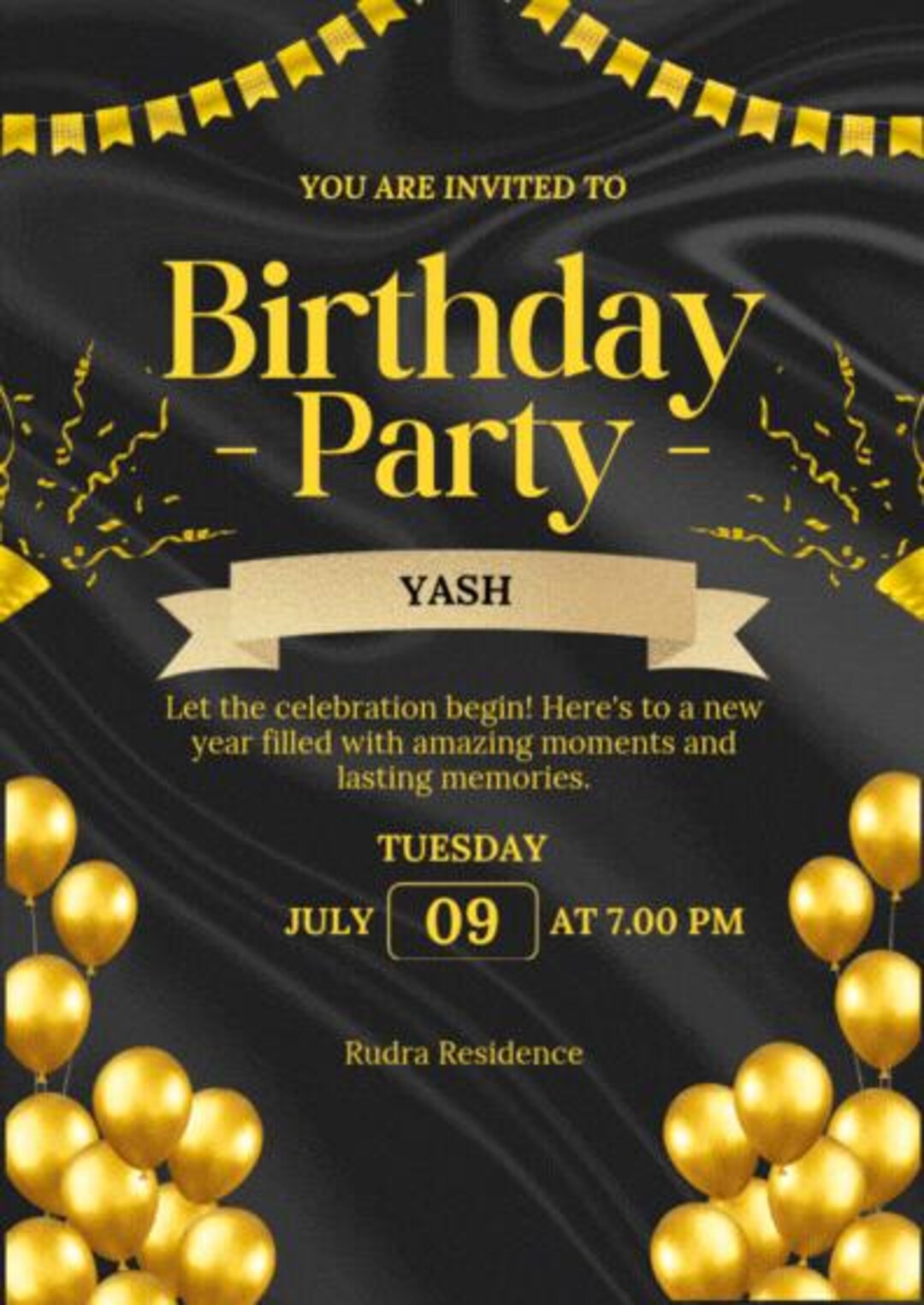 Gold and Black Birthday Invitation Template | Editable Digital Party ...