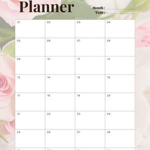Eleganter Monatsplaner mit Blumen | Druckbarer Monatskalender | Undatiert Organizer | A4, A5, Letter Format | Digitaler Download
