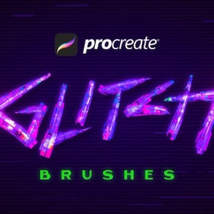 May include: A digital illustration of the word "GLITCH" in a neon pink and blue colour scheme with a pixelated effect. The word "BRUSHES" is written in green below the word "GLITCH". The background is a dark purple with a subtle grid pattern.