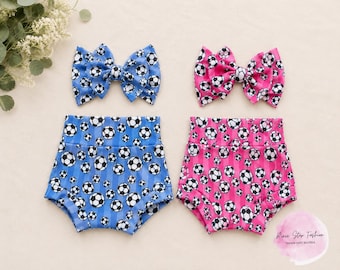Soccer Bummies & Bow Set | Pink or Blue High-Waisted Bummies | Baby Girl Soccer Outfit | Handmade Baby Bloomers | Sports Baby Shower Gift