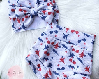Patriotic Bummies & Bow Set/Airplane Bummies/Unisex High Waisted Shorts/Bummies and Headwrap Bow Set/Fourth of July Baby Bummies
