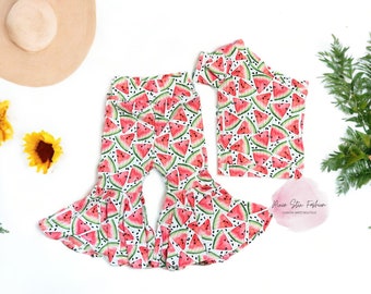 Watermelon Bell Bottoms with One Shoulder Halter Top/Watermelon Birthday Outfit/Baby Girl Watermelon Outfit