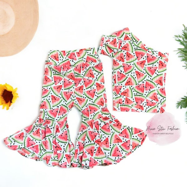 Watermelon Bell Bottoms with One Shoulder Halter Top/Watermelon Birthday Outfit/Baby Girl Watermelon Outfit