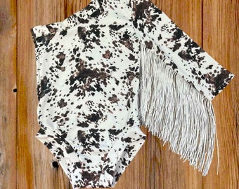 Cowhide Western One Shoulder Leotard/Baby Girl Leotard/Fringed Cowhide One Shoulder Leotard/Girl's Western Leotard/Cowgirl Rodeo Leotard