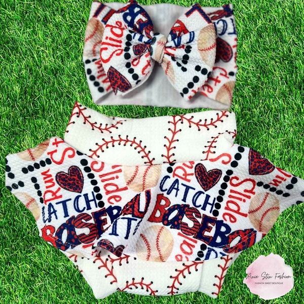 Skirted Baseball Bummie and Bow Set/Baby Girl Baseball Bummies/Baseball Bow/Sports Bummies/Baseball Highwaisted Bummie Skirt/Baby Shorts