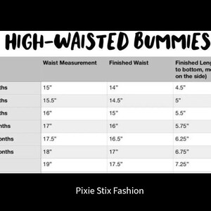 May include: A chart titled "HIGH-WAISTED BUMMIES" with size measurements in inches. Sizes range from 0-3 months to 2T-3T, with waist measurements from 15" to 19" and finished lengths from 4.5" to 7.25". The brand name "Pixie Stix Fashion" is at the bottom.