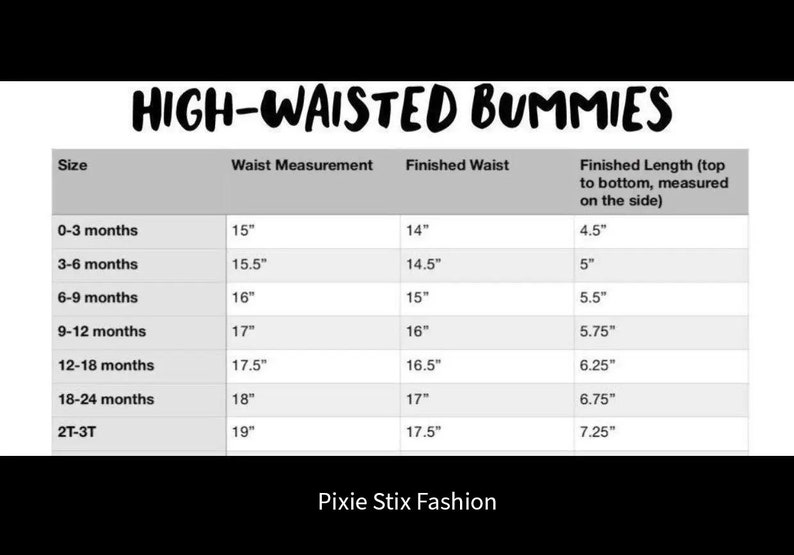 May include: A chart titled "HIGH-WAISTED BUMMIES" with size measurements in inches. Sizes range from 0-3 months to 2T-3T, with waist measurements from 15" to 19" and finished lengths from 4.5" to 7.25". The brand name "Pixie Stix Fashion" is at the bottom.