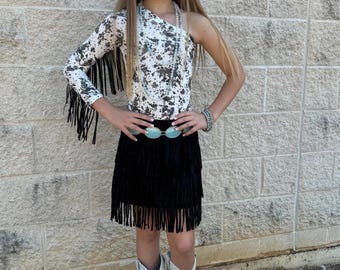 Cowhide Western One Shoulder Leotard/Baby Girl Leotard/Fringed Cowhide One Shoulder Leotard/Girl&#39;s Western Leotard/Cowgirl Rodeo Leotard