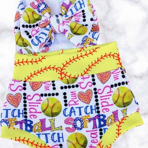 Softball Bummies, Baby, Toddler Softball Bummie and Bow Set, Baby Shower Gift, Softball Team Baby, Photo Prop, Team Bummies, Softball Fan