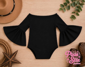 Black Bell Sleeve Leotard with Cow Print Bell Bottoms | Western Cowgirl Outfit for Girls | Rodeo Outfit with Bow