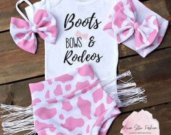 Boots Bows & Rodeos Fringed Bummie Outfit/Baby Girl Pink Cow Print Western Outfit/Western Rodeo Outfit/Cowgirl Bummies/Cow Print Bummies