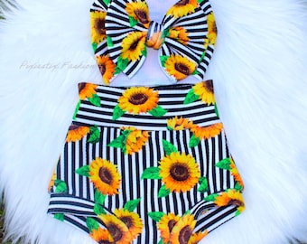 Sunflower Bummie Set/Baby Girl High Waisted Bummie Set/Bummies & Bow/Baby Girl Sunflower Bummie Outfit/Floral Bummies and Bow