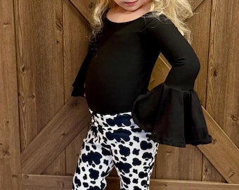 Baby Girl Cow Print Bell Bottoms/ Flare Leg Bell Bottoms/Baby Girl Bell Bottoms/Cow Spots Bell Bottoms/Cow Spots Bow/Girl's Bell Bottoms