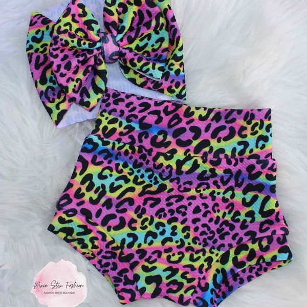Neon Leopard Bummie Outfit/Rainbow Cheetah Bummies/Neon Leopard Rainbow Bummy Shorts/Bummie Shorts/Baby Bloomers/Bow and Bummie Set