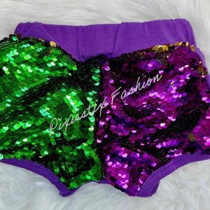 Girls Mardi Gras Sequin Shorts/Flip Sequin Sparkle/Festive Purple Green Gold Sequin Shorts/Mardi Gras Shorts/Mardi Gras Sequin Parade Shorts