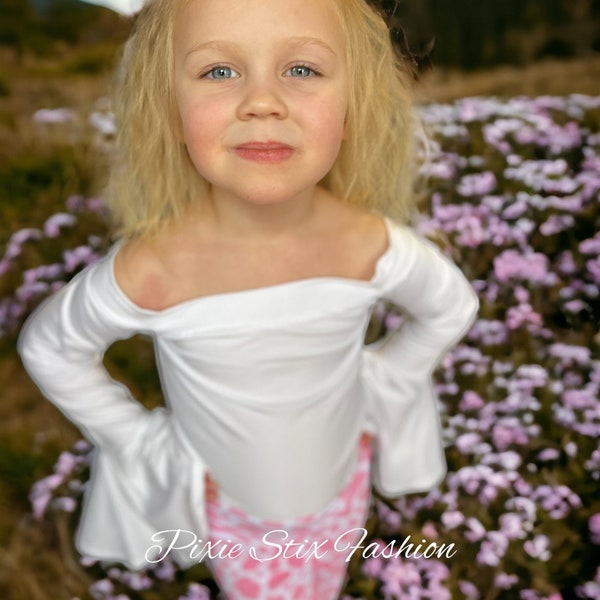 Girls White Bell Sleeve Leotard/Off The Shoulder Leotard/White Bell Sleeve Bodysuit/Bell Sleeve Leotard/Baby Girl White Leotard