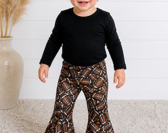 2 Piece Football Print Flare Pants Set, Baby Bell Bottoms, Toddler Fall Outfit