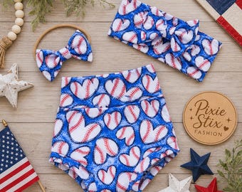Blue Baseball Hearts Baby Girl Bummies/Baseball Baby/Baseball Bummie and Bow Set/Baby Shower Gift/Baseball Team/Photo Prop/Baseball Love