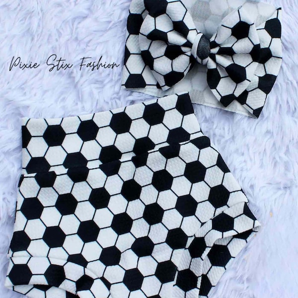Soccer High Waisted Bummie and Bow Set/Unisex Infant to Toddler Soccer Outfit/Soccer Bummie and Bow Set/Gender Neutral Soccer Bummies
