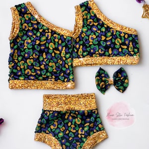 Mardi Gras Leopard Bummie and One Shoulder Crop Top/Mardi Gras Crop Top/Tank Top/Mardi Gras Cheetah Outfit/Mardi Gras Party Baby Girl Outfit
