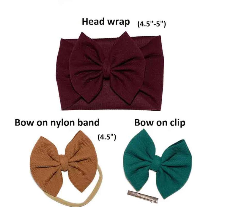 May include: A collection of baby headbands and bows in various styles and colors. Includes a burgundy head wrap (4.5"-5"), a tan bow on a nylon band (4.5"), and a teal bow on a clip. Perfect for baby girls.