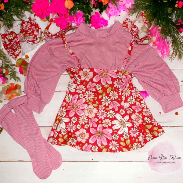 Valentine's Day Baby Girl's Outfit/Floral Valentine's Day Jumper Dress/ Valentine's Day Jumper Dress/Mock Neck Sweater/Knee Socks/Bow