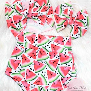 Watermelon High Waisted Bummie and Bow/Watermelon Bummies Baby Girl/Sweet One Birthday/Smash Cake Outfit