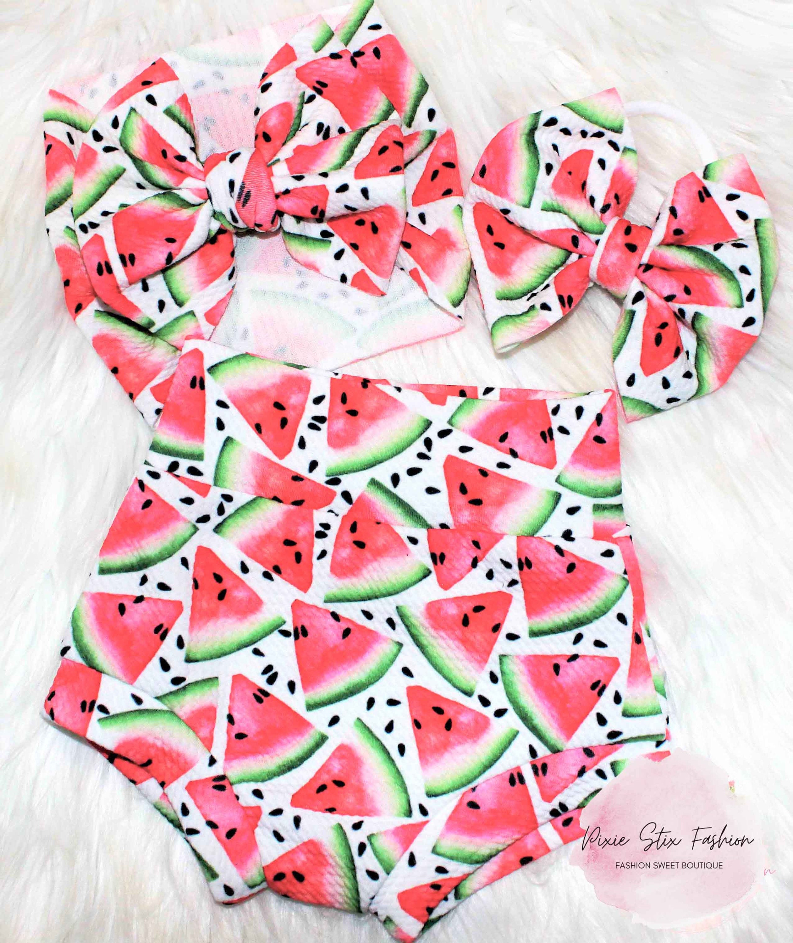 Watermelon High Waisted Bummie and Bow/Watermelon Bummies Baby Girl/Sweet One Birthday/Smash Cake Outfit