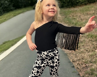 Black One Shoulder Fringed Leotard/Baby Girl Leotard/One Shoulder Leotard w/Fringe Sleeve