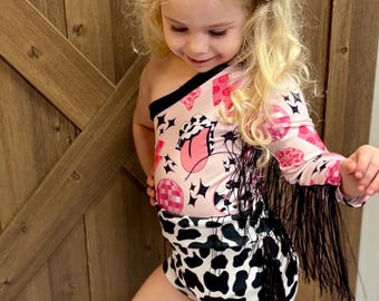 Western Diva One Shoulder Fringed Leotard/Baby Girl Leotard/One Shoulder Leotard w/Fringe Sleeve/Western Disco Cowgirl/ Dancewear/Bodysuit