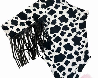 Cow Spots Western One Shoulder Leotard/Baby Girl Leotard/Fringed Cowhide One Shoulder Leotard/Girl&#39;s Western Leotard/Cowgirl Rodeo Leotard