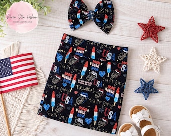 Baby Girl 4th of July Pencil Skirt Outfit | Patriotic Toddler Skirt Set with Bow | USA Fireworks Outfit | Handmade Kids Holiday Clothes
