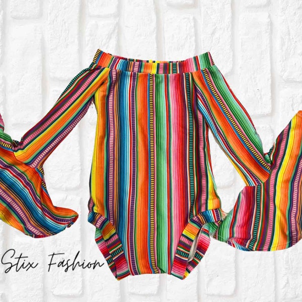 Girls Serape Bell Sleeve Leotard/Scooped Neck Leotard/Mexican Stripe Bell Sleeve Bodysuit/Infant-Toddler Bell Sleeve Leotard/Baby Girl Leo