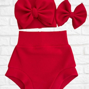 Red Christmas Bummies and Bow/Girls Red Bummies/Baby Girl Shorts/Newborn Girl Bummie Set/Toddler Girl Bummie Set/Red Holiday Bummie and Bow