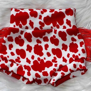 Red Fringe Cow Print Bummies, Baby Bummie Set, Cow Print, Cow Girl Outfit, Baby Bottoms, High Waisted Bummies/ Diaper Cover/ Baby Shorties