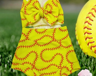 Softball Baby Girl Bummies, Softball Baby, Toddler Softball Bummie and Bow Set, Baby Shower Gift, Softball Team Baby, Photo Prop, Birthday