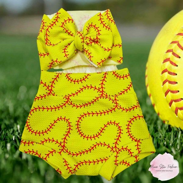 Softball Baby Girl Bummies, Softball Baby, Toddler Softball Bummie and Bow Set, Baby Shower Gift, Softball Team Baby, Photo Prop, Birthday