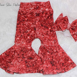Red Shimmer Valentine Bell Bottom and Bow Set/Holiday Shimmer Bell Bottoms and Bow/Baby Girl/Red Christmas Bell Bottoms and Bow Set